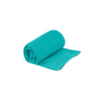 Sea to Summit Drylite Towel in Baltic Blue, rolled and partially unfolded