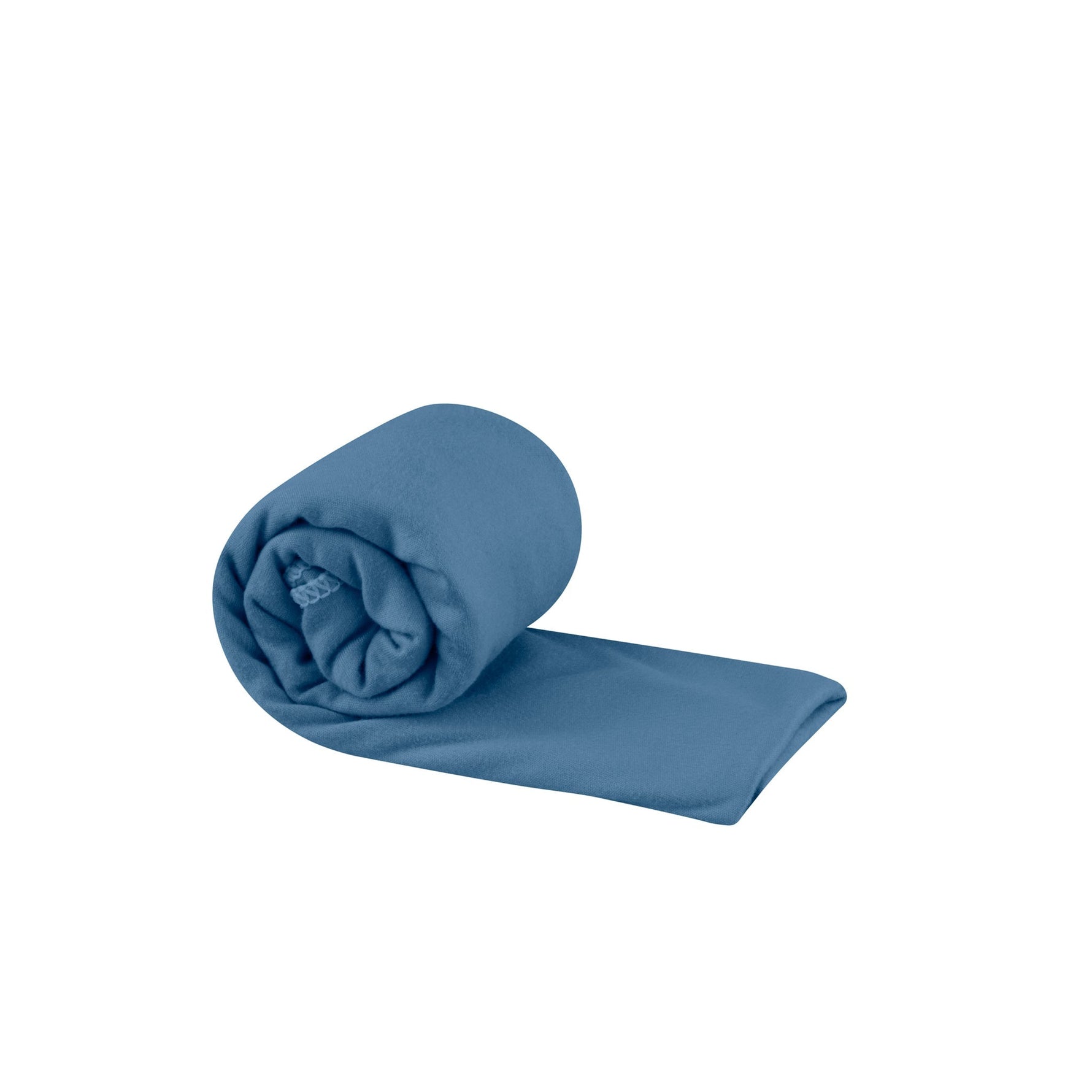 Sea To Summit Pocket Towel in blue color, rolled and partially unfolded