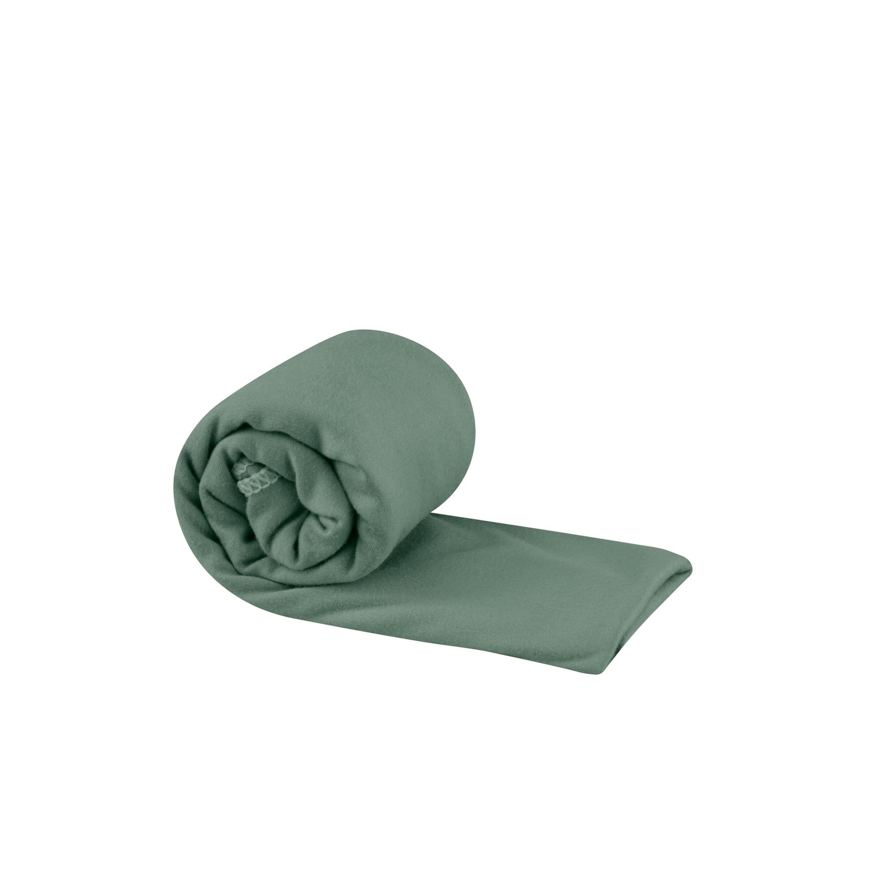 Sea To Summit Pocket Towel in sage green, rolled up and partially unfolded