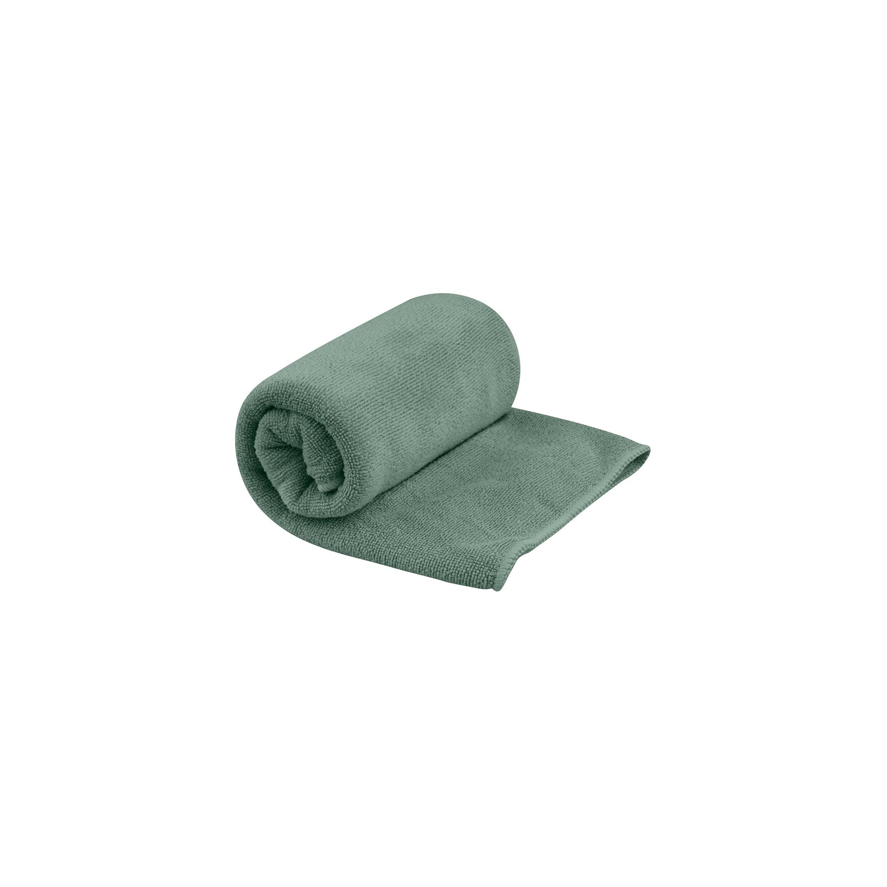 Sea To Summit Tek Towel in sage green color, partially rolled on white background