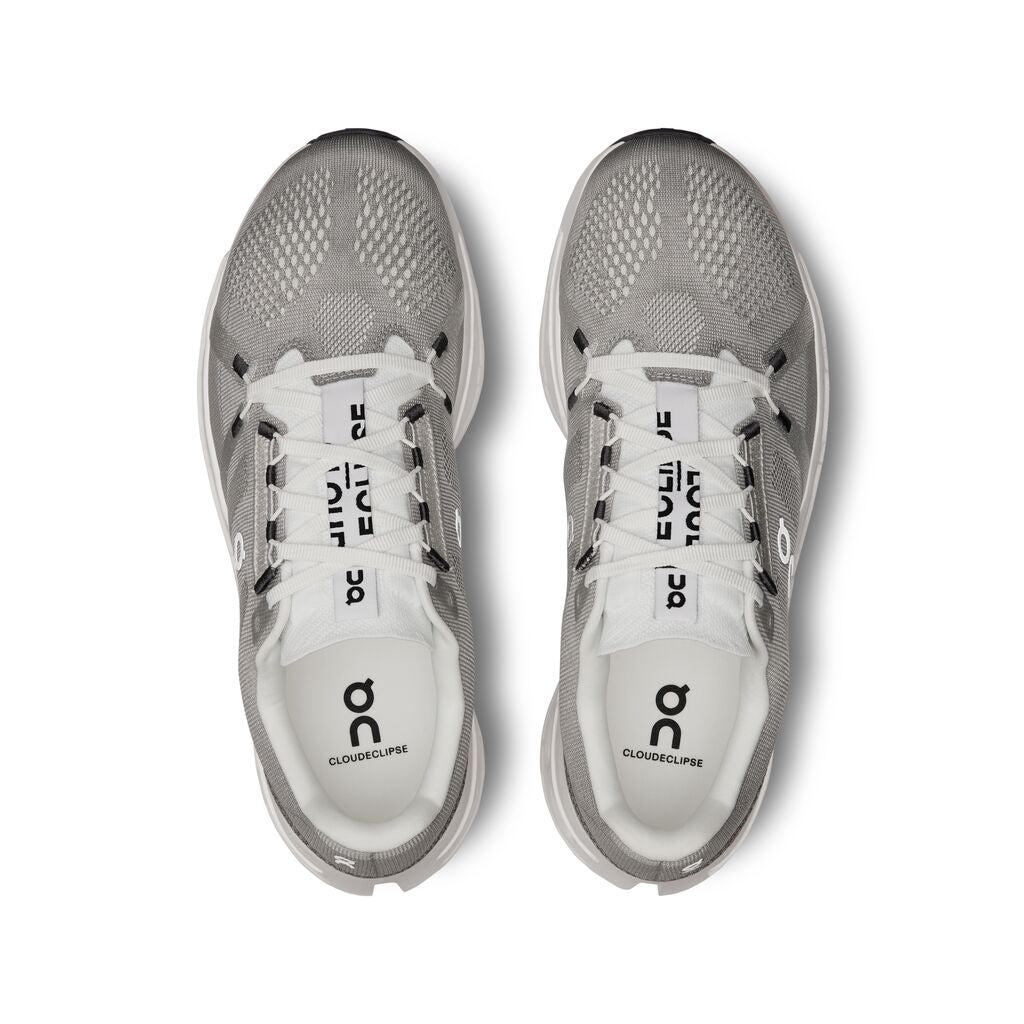 On Cloudeclipse men's running shoes in alloy gray and white colorway, top view