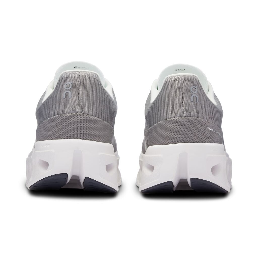 On Cloudeclipse men's running shoes in grey and white colorway, rear view