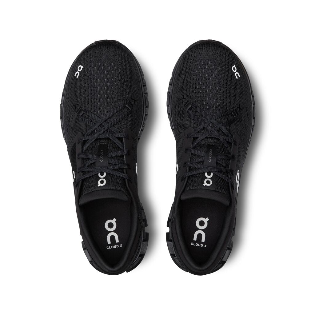 On Cloud X 4 running shoes in all black colorway, top view