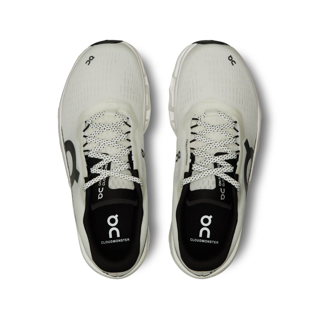 On Cloudmonster 2 running shoes in light grey and black colorway