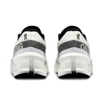On Cloudmonster 2 running shoes in white and frost colorway, rear view