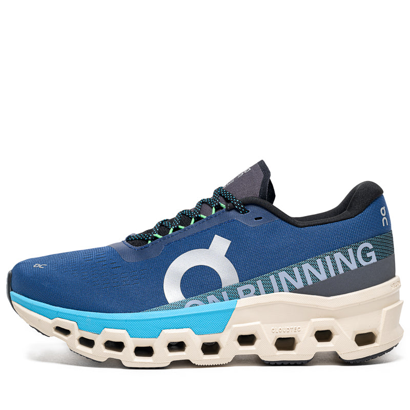 On Cloudmonster 2 running shoe in blue tempest and horizon colorway with signature sole