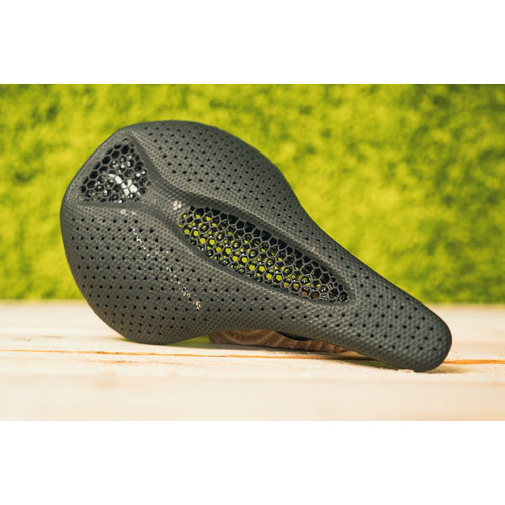 Specialized Power Pro Mirror Saddle with black perforated surface and yellow accents