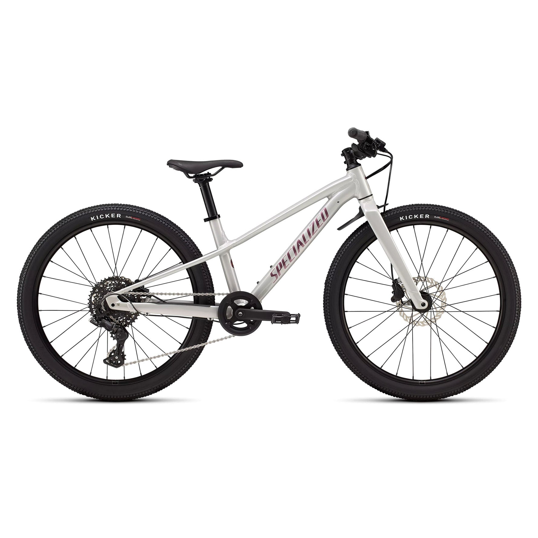 Specialized Riprock 24 kids mountain bike in light gray with purple accents