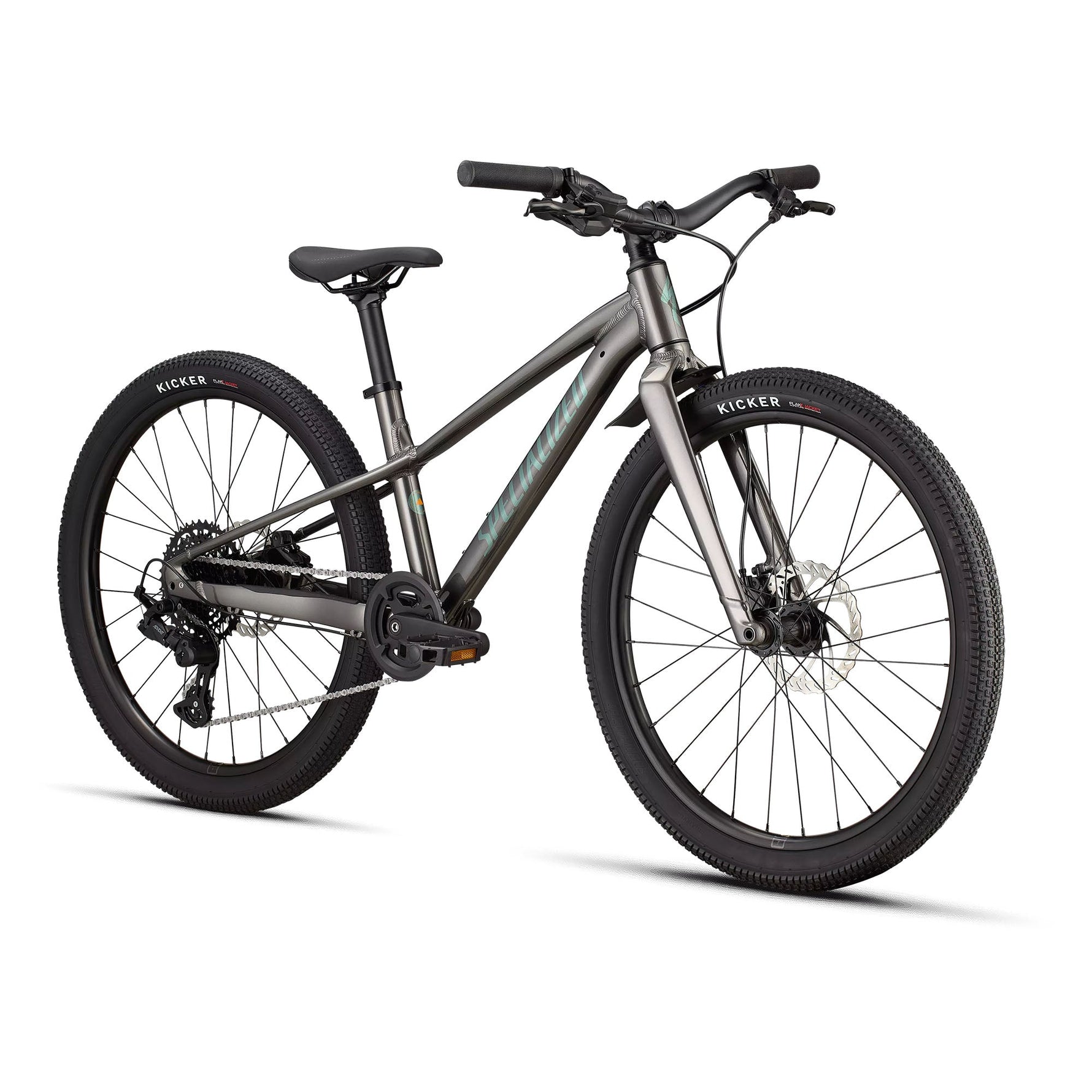 Specialized Riprock 24 mountain bike in smoke gray with turquoise accents