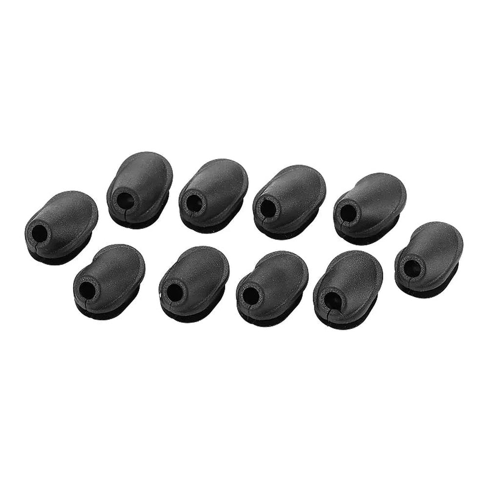 Ten black oval-shaped cable grommets with center holes arranged on white background