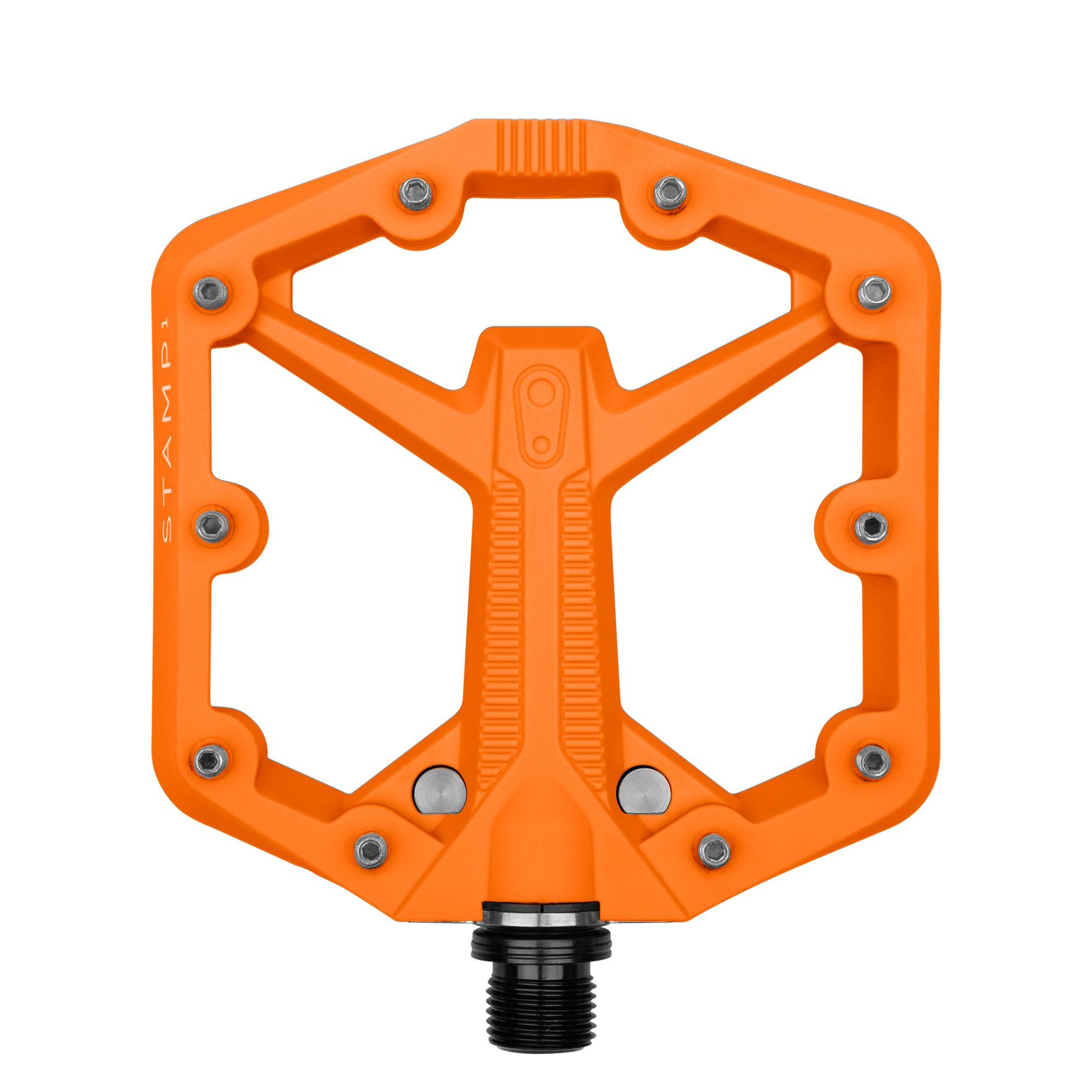 Orange Crank Brothers Stamp 1 Small mountain bike pedal with black spindle