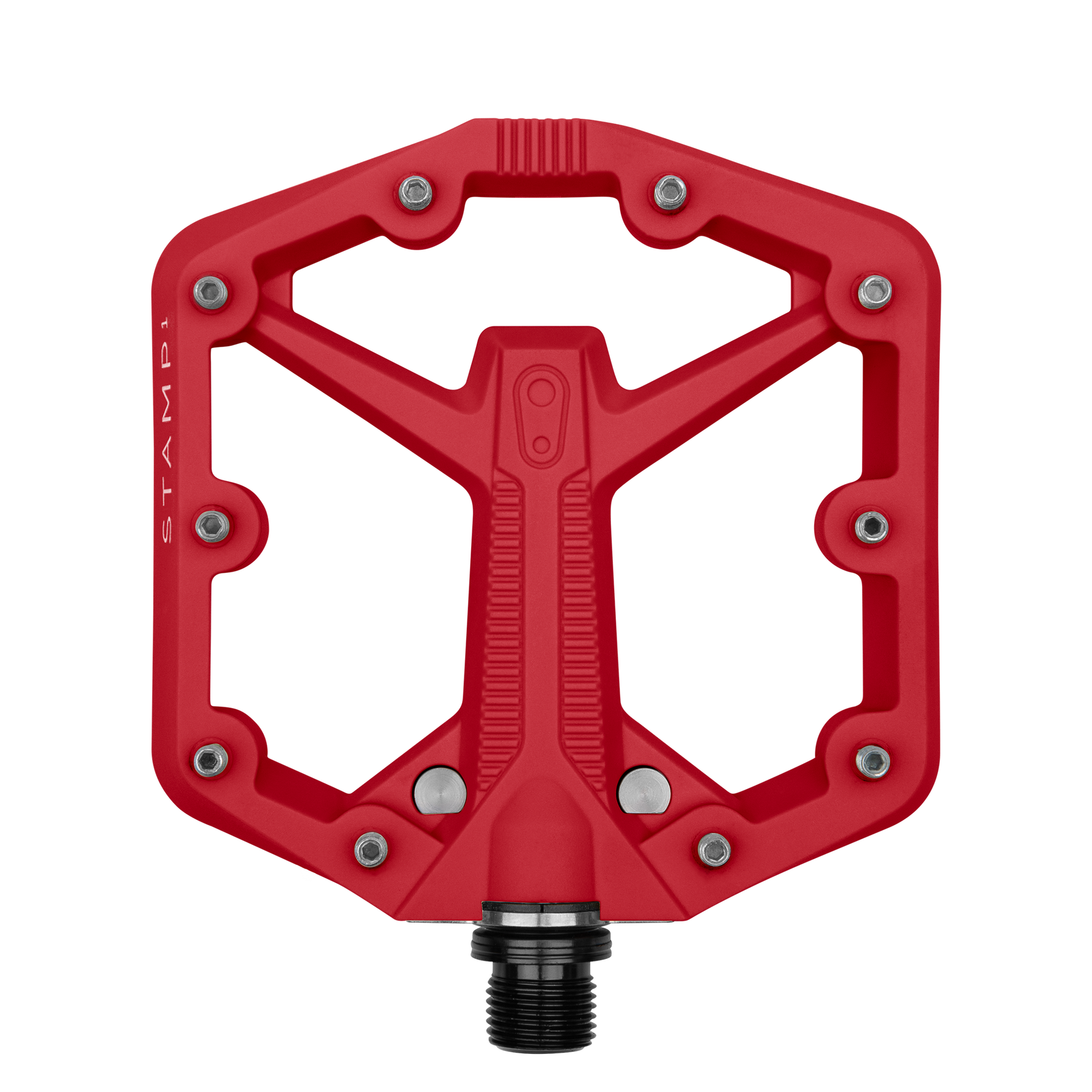 Red Crank Brothers Stamp 1 Small bike pedal with professional studio lighting
