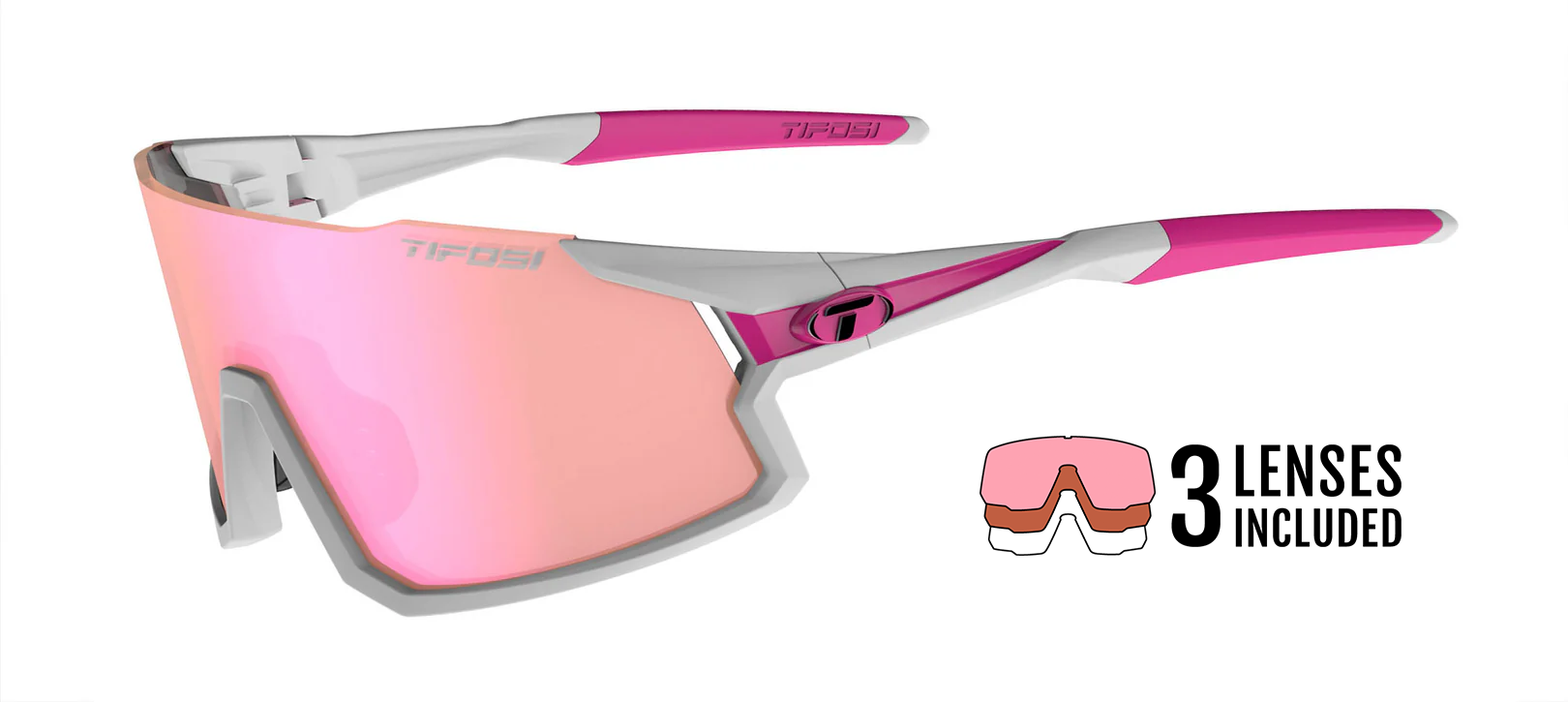 Tifosi Stash Race Pink interchangeable sunglasses with white frame and pink mirrored lens