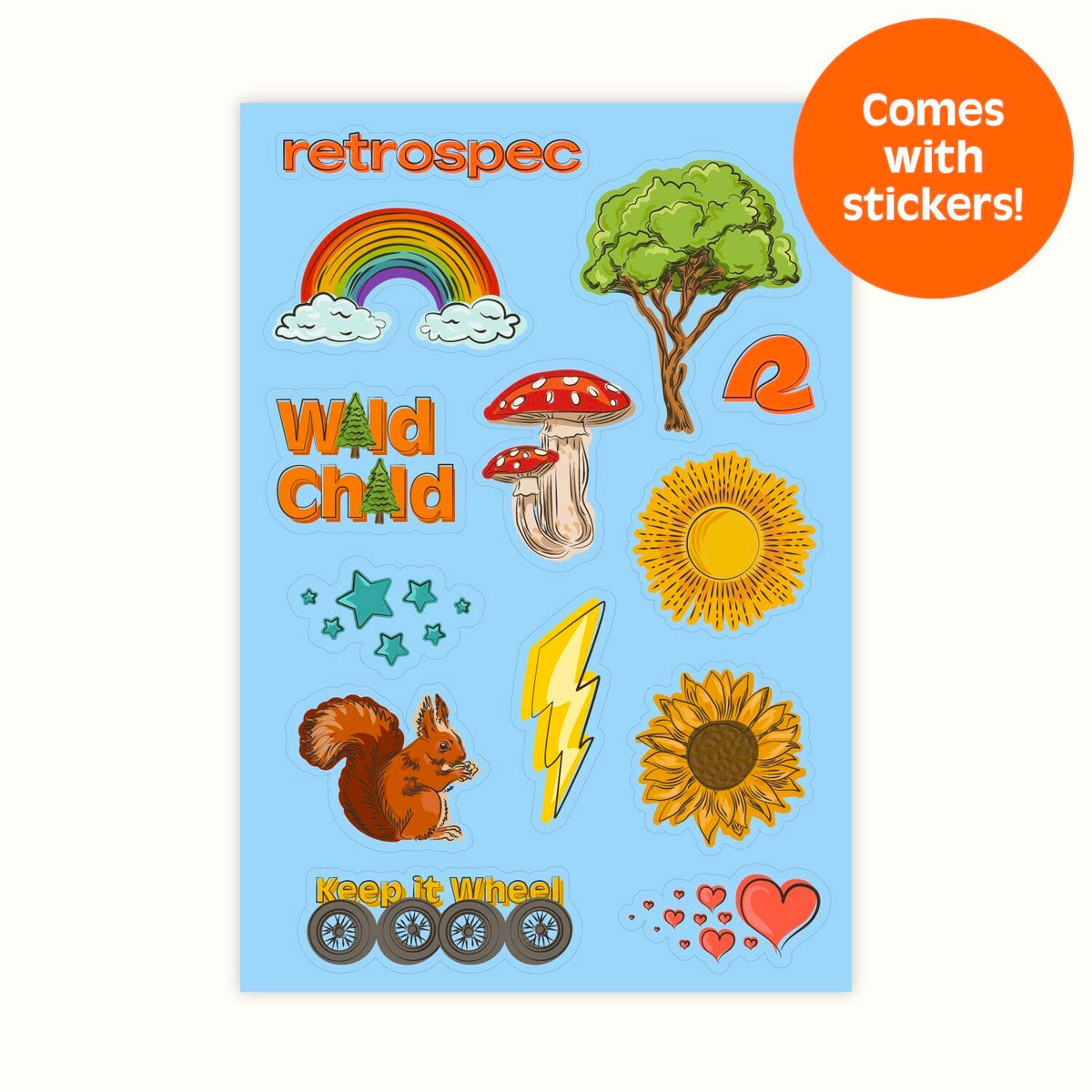 Retrospec branded sticker sheet included with kids bike featuring nature and adventure themed designs