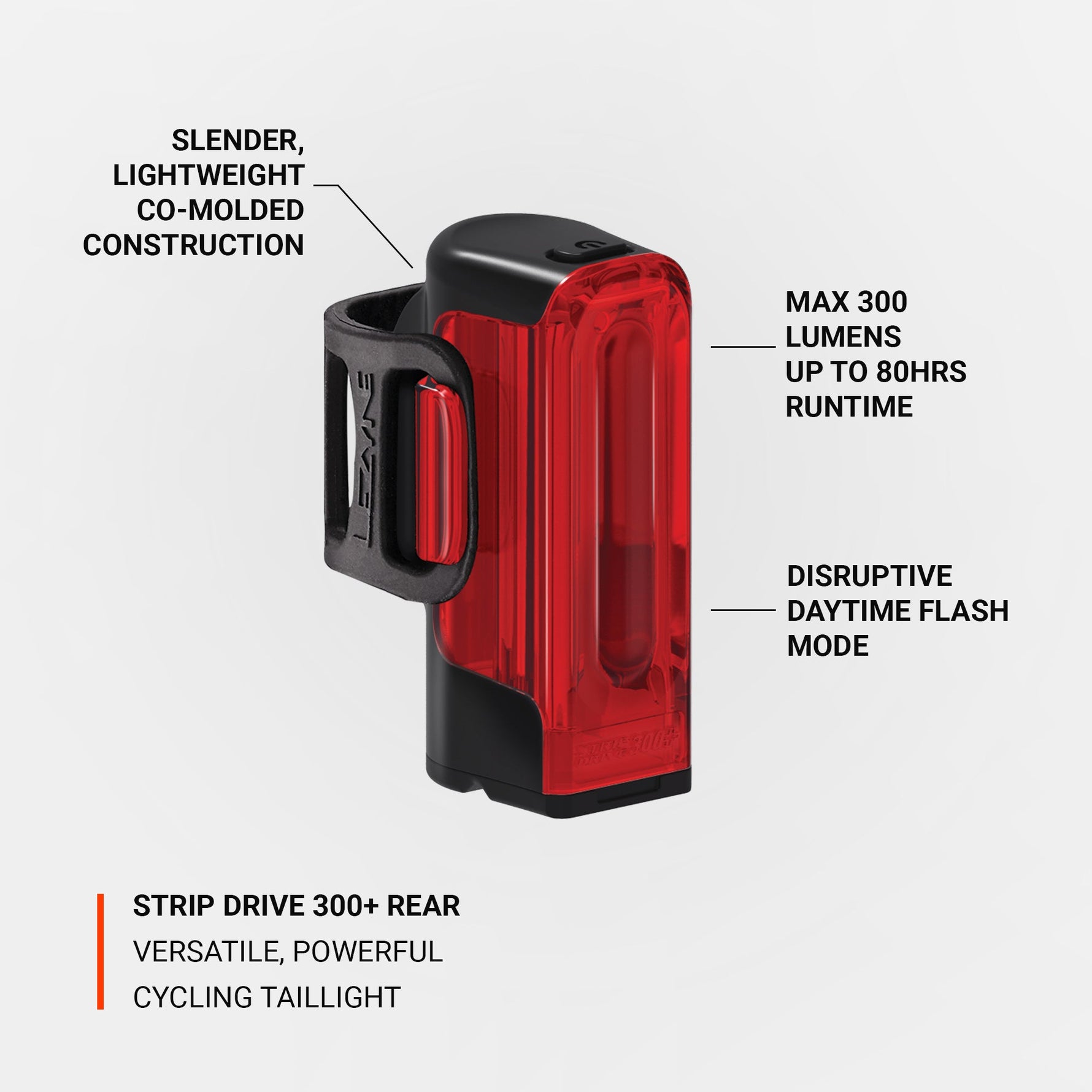 Lezyne Strip Drive 300+ rear bike light with black body and red lens