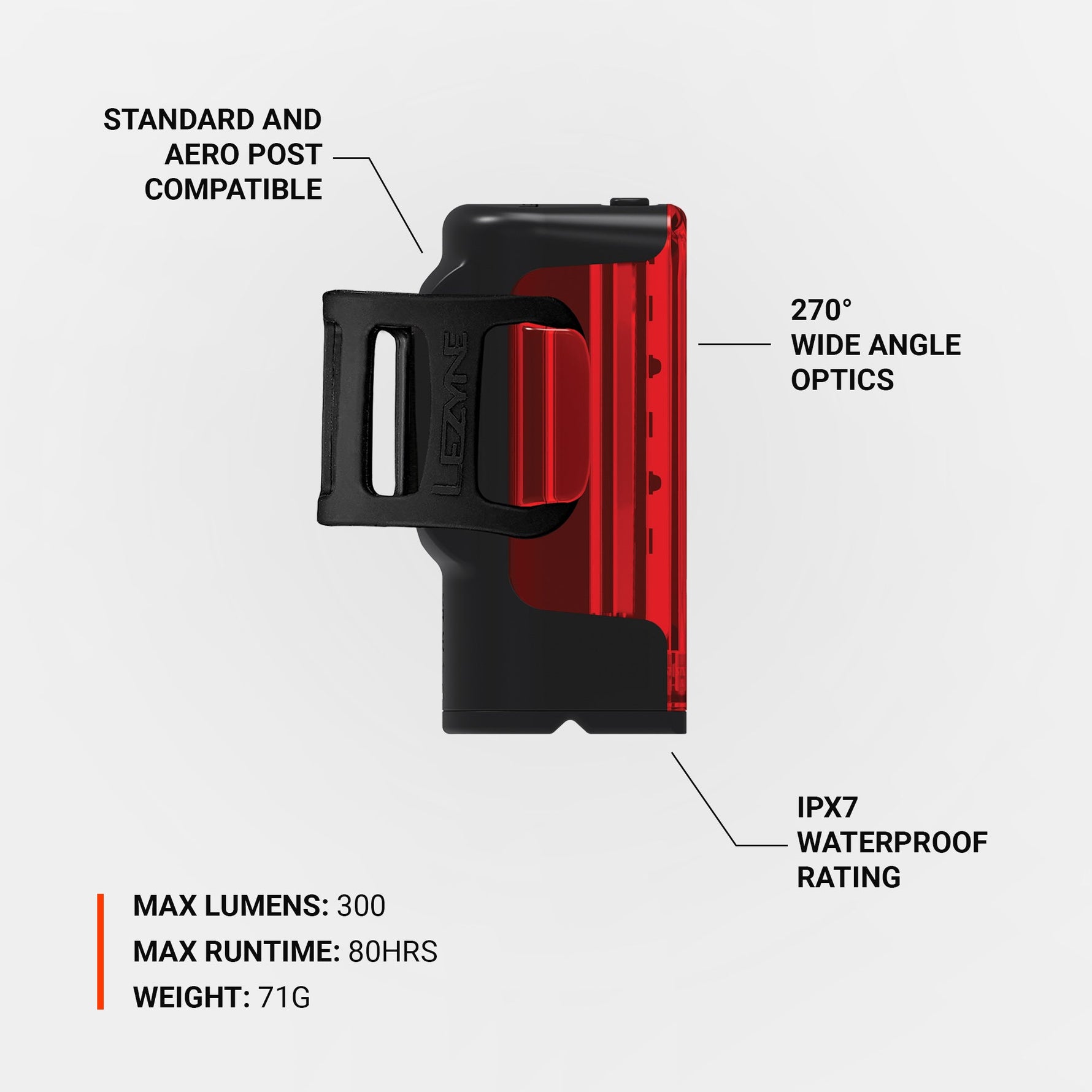 Lezyne Strip Drive 300+ rear bike light in red with black mount