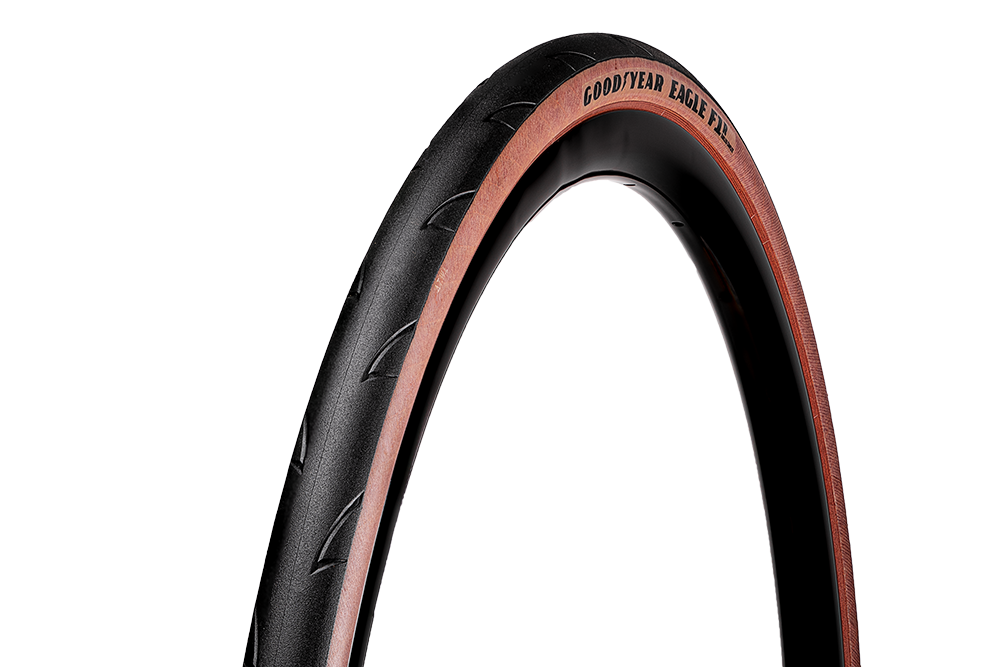Goodyear Eagle bicycle tire with black tread and tan sidewall