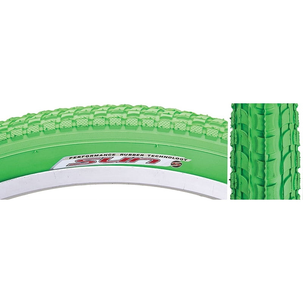 Sunlite green bicycle tire with knobby tread pattern showing sidewall branding