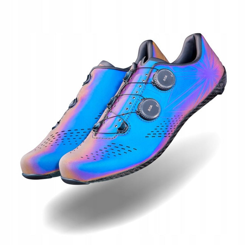 SUPACAZ Kazze carbon road cycling shoes in oil slick reflective finish with dual BOA dials