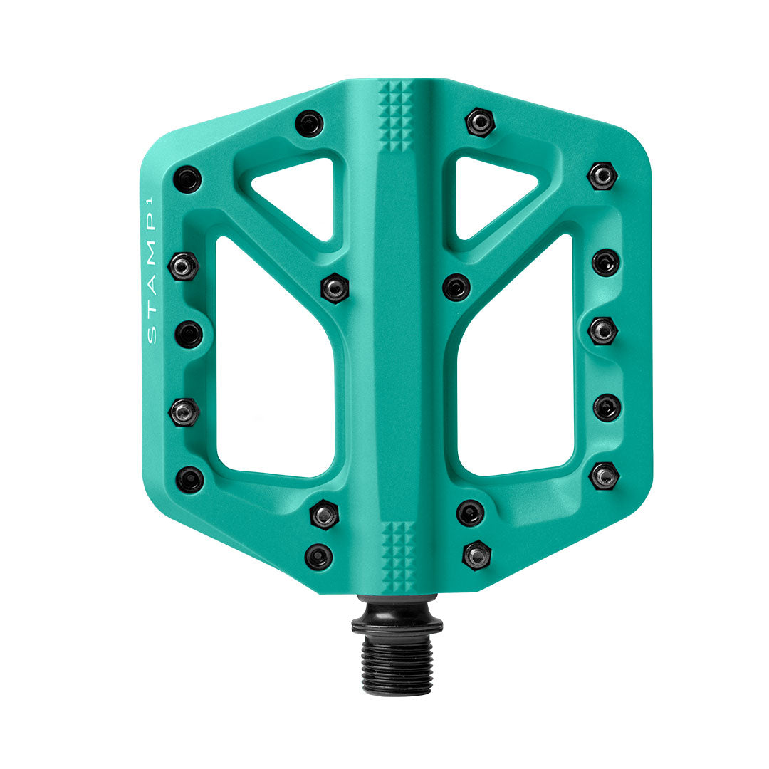 Crank Brothers Stamp 1 Small turquoise bike pedal with black pins