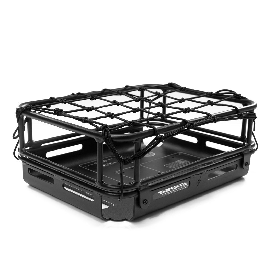 Black SUPER73 cargo crate with elastic net attachment for secure storage