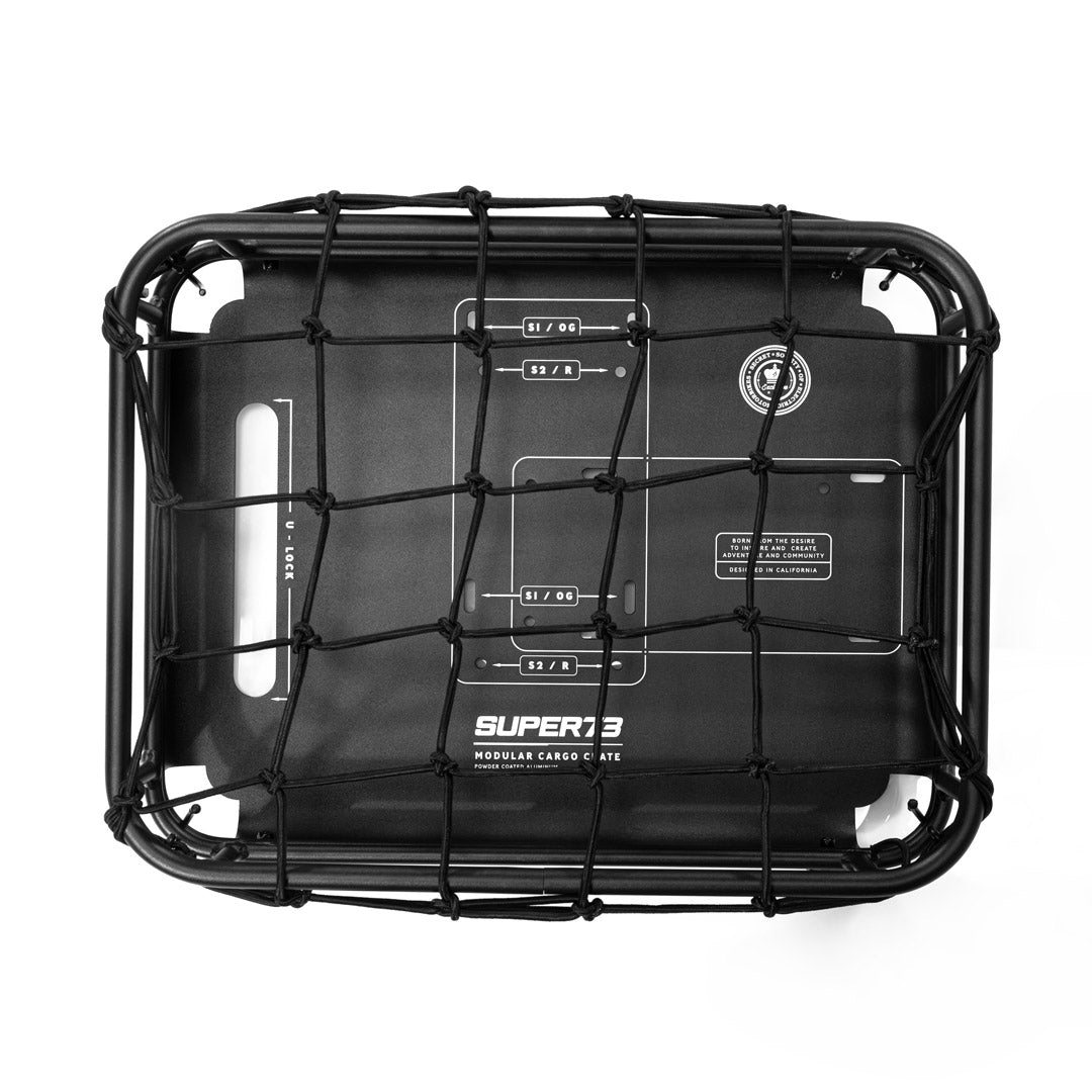 Super73 black cargo crate with net overlay on white background