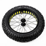 Super73 wheel with yellow spoke liners on black rim with knobby tire