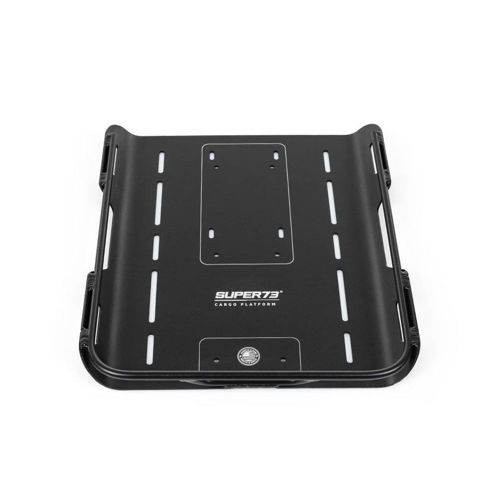 Super73 black reversible cargo platform with mounting slots and brand logo