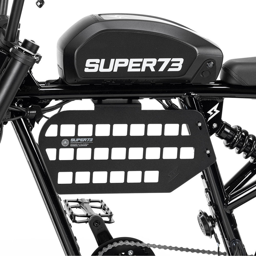 Super73 black MOLLE panel with grid pattern mounted on R series electric bike frame