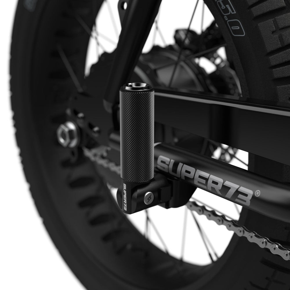 Black aluminum folding peg mounted on Super73 electric bike frame