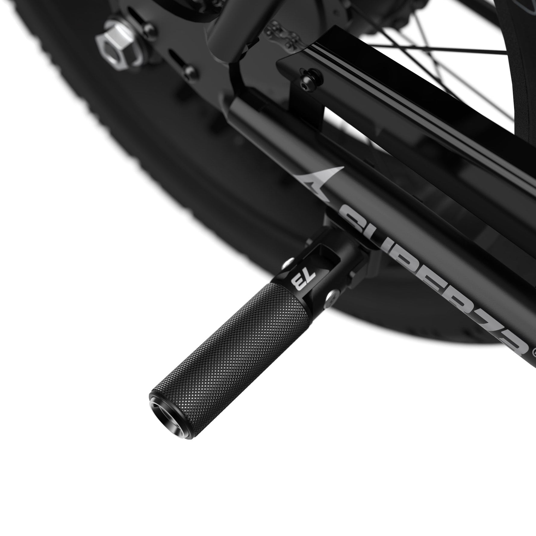 Super73 black folding peg with textured grip attached to electric bike frame