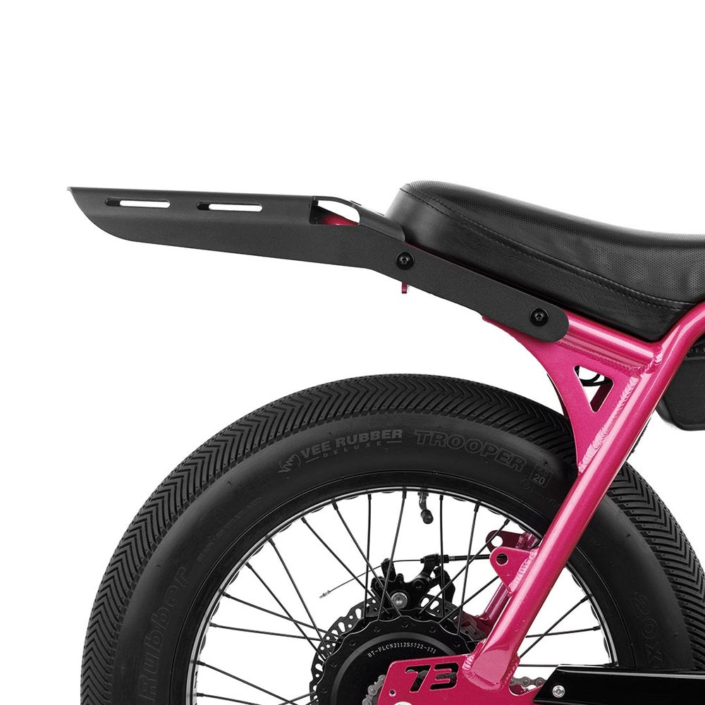 Super73 black rear rack mounted on pink Z series electric bike