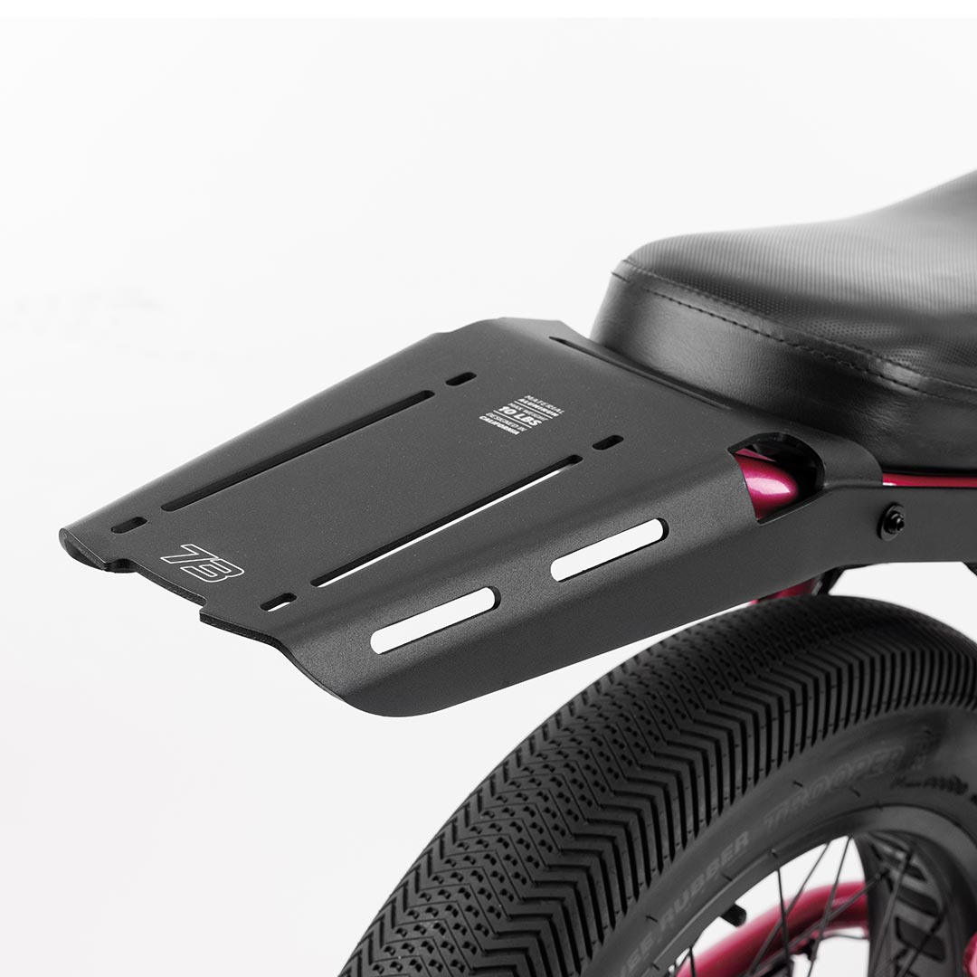 Black Super73 rear rack mounted on Z series electric bike with red accents