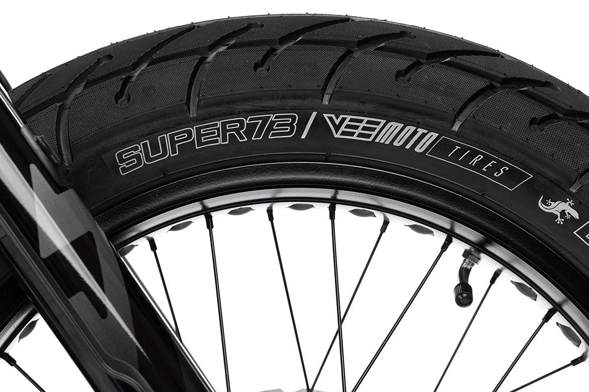 Close-up of Super73 x Vee Moto black tire on SUPER73-R Brooklyn electric bike wheel
