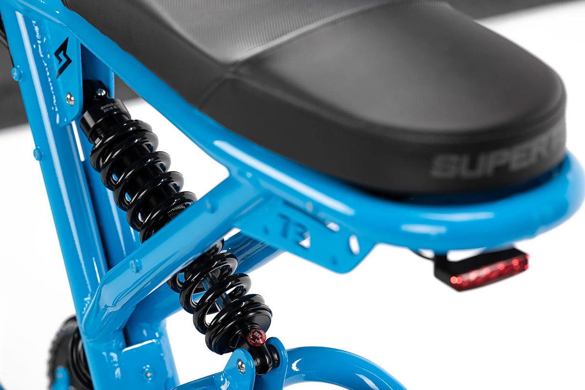 Super73 R Brooklyn electric bike rear suspension and seat detail in blue