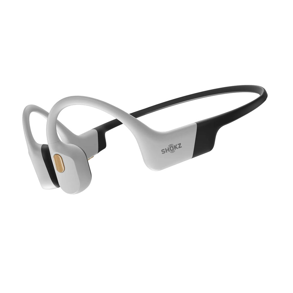 Shokz OpenSwim Pro bone conduction headphones in grey and black on white background