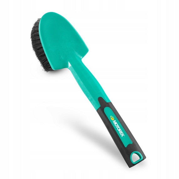 Motorex cleaning brush with teal handle and black bristles for bike maintenance