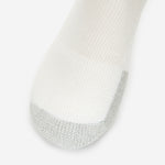 Thorlos white tennis sock with gray reinforced toe cushioning on clean background