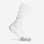 Thorlos white crew tennis sock with gray heel and toe padding displayed upright