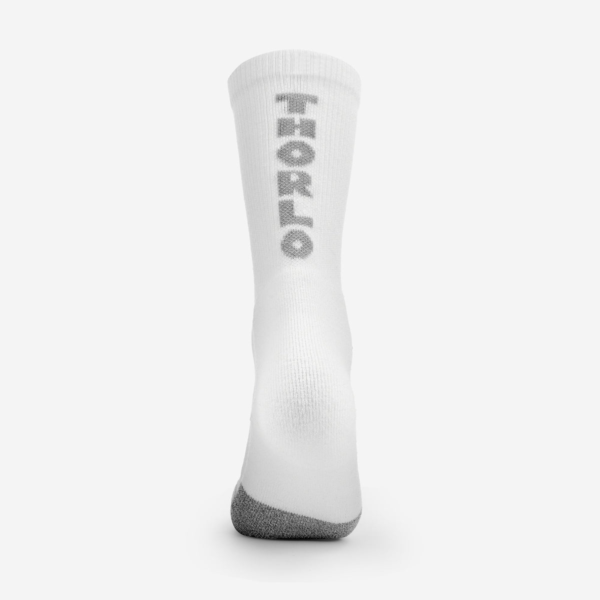 Thorlos white tennis crew sock with gray heel and branded logo on shaft