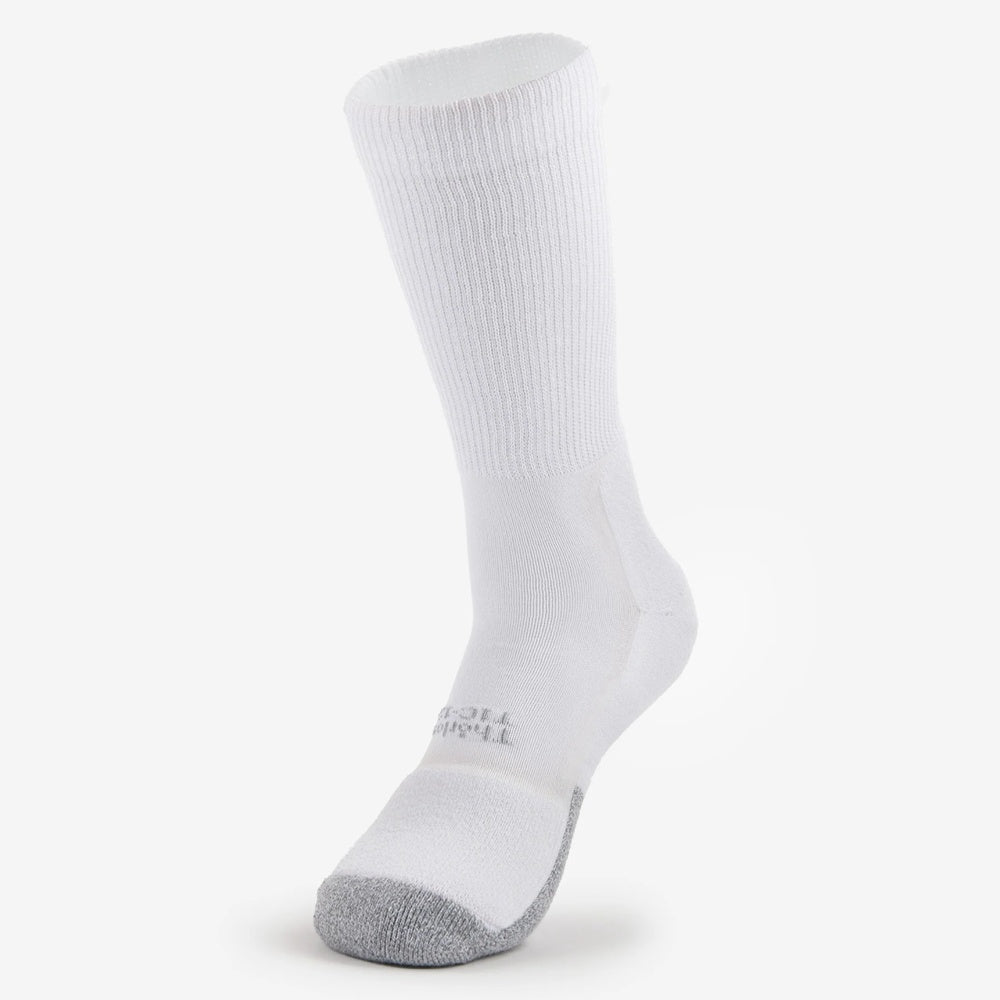 Thorlos unisex white tennis crew sock with gray toe and heel, front view