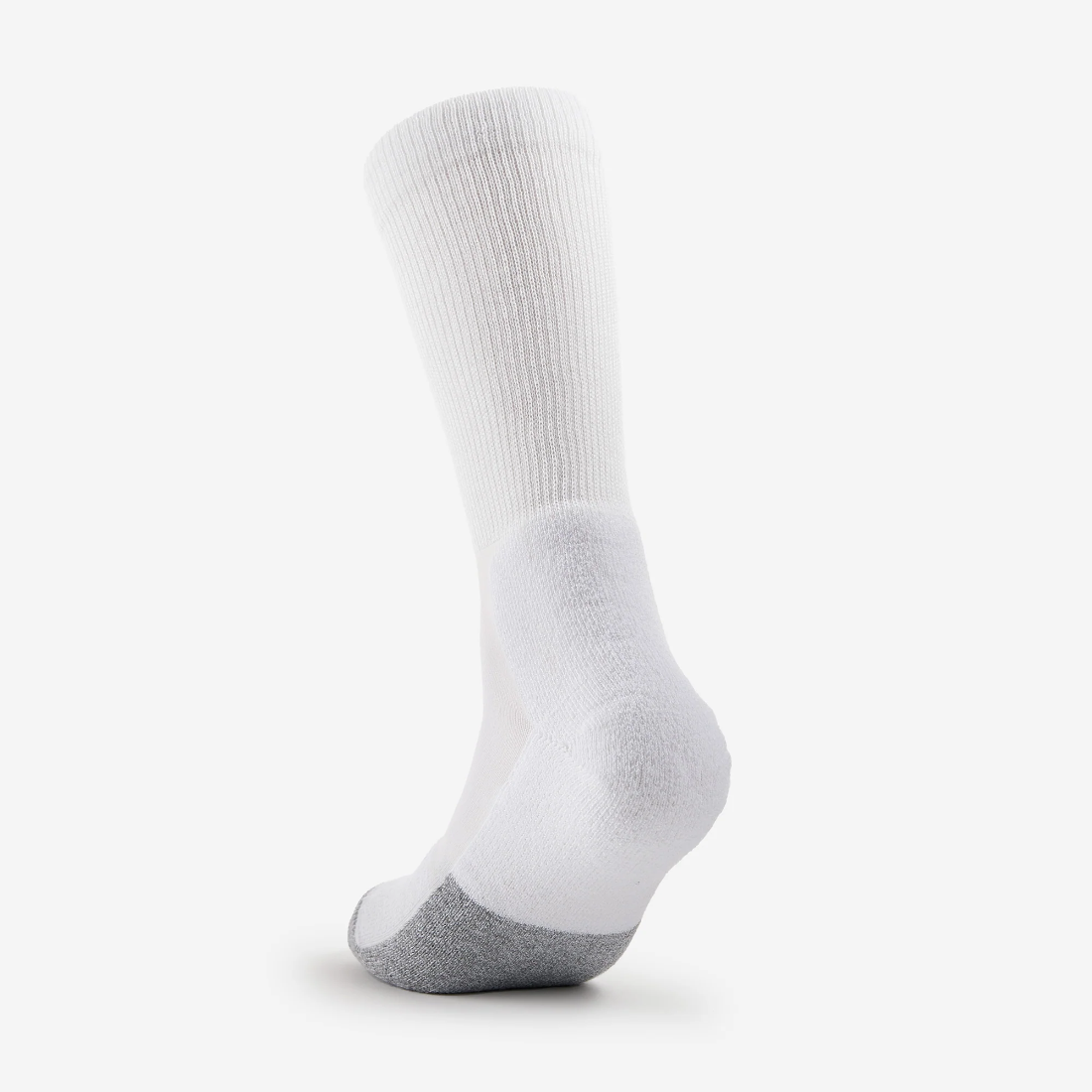 Thorlos unisex white tennis crew sock with gray toe and heel cushioning, rear view