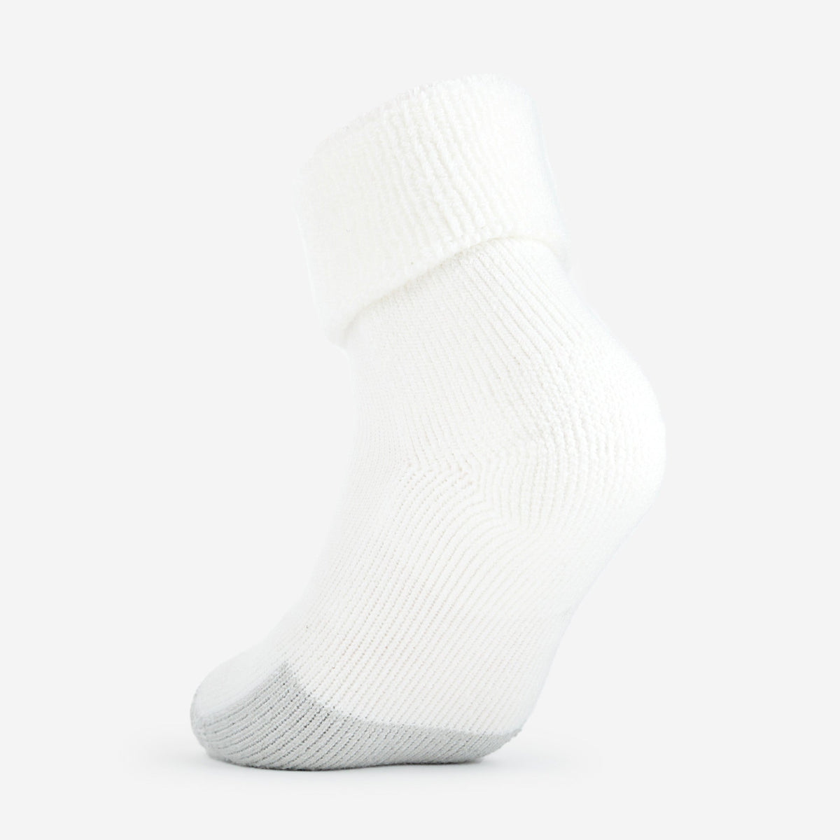 Thorlos white tennis ankle cuff sock with gray toe and heel cushioning, side view