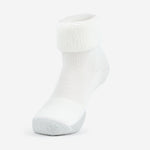 Thorlos white tennis cuff sock with gray cushioned heel and toe on foot form