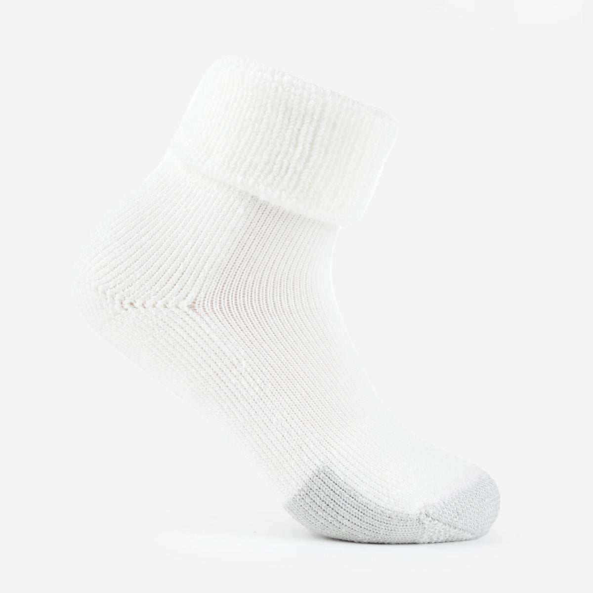 Thorlos white tennis ankle sock with cuffed top and gray reinforced toe