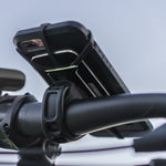 Black Lezyne Smart Grip Mount attached to bicycle handlebars with smartphone installed
