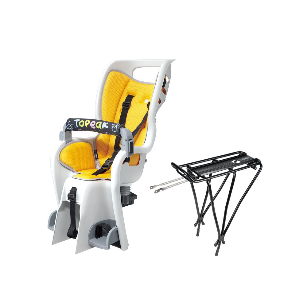 Topeak BabySeat II child bike seat with yellow padding and black MTX rack