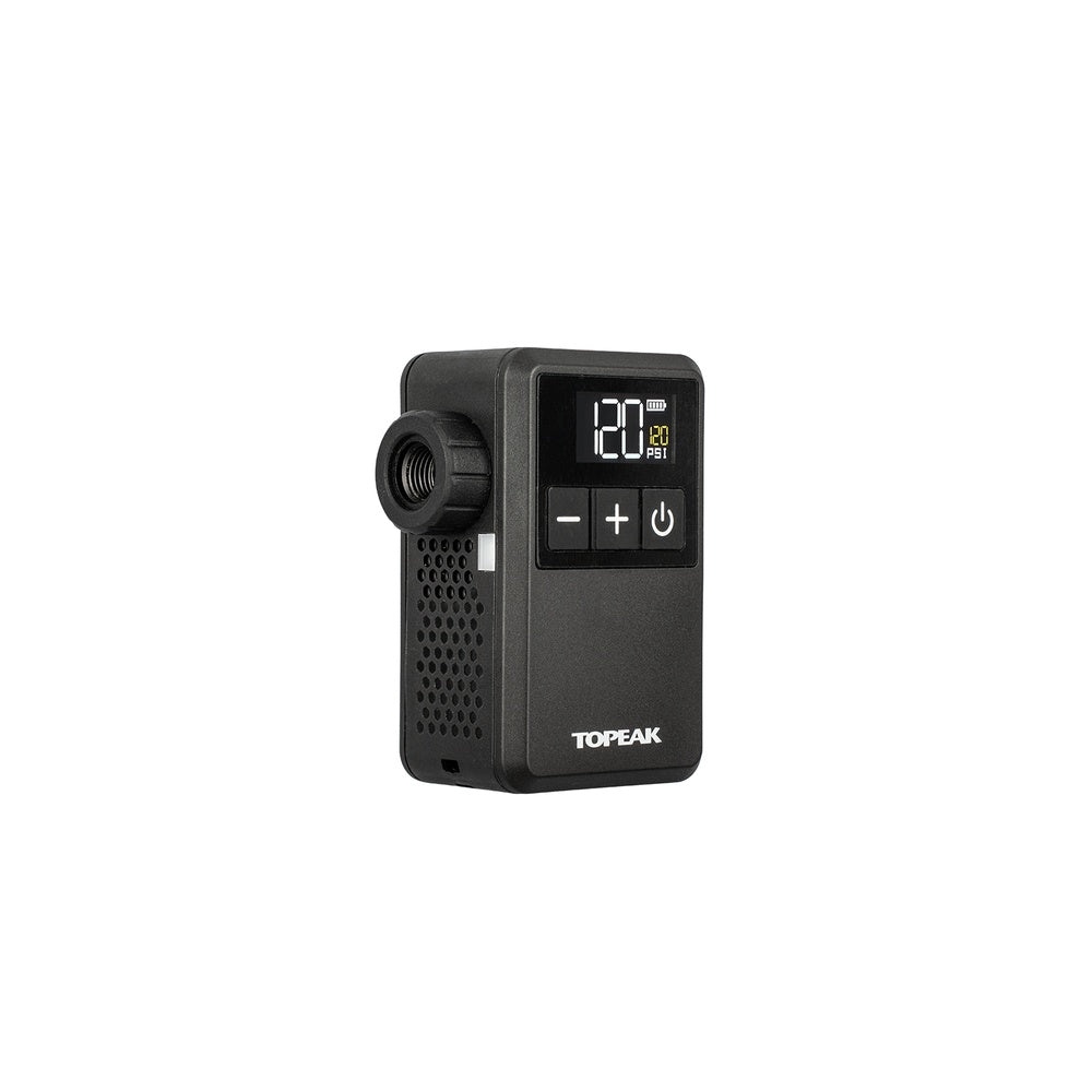 Topeak E-Booster Digital Mini Electronic Pump in matte black with LCD display showing 120 PSI