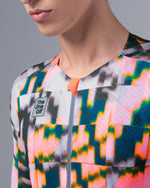 Close-up of TheOneOff Krypton jersey chest and collar detail on male model in Bromine colorway