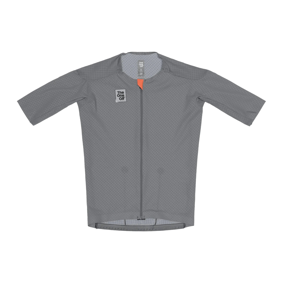 TheOneOff Krypton Short Sleeve Jersey Future Gray front view with orange zipper accent and logo